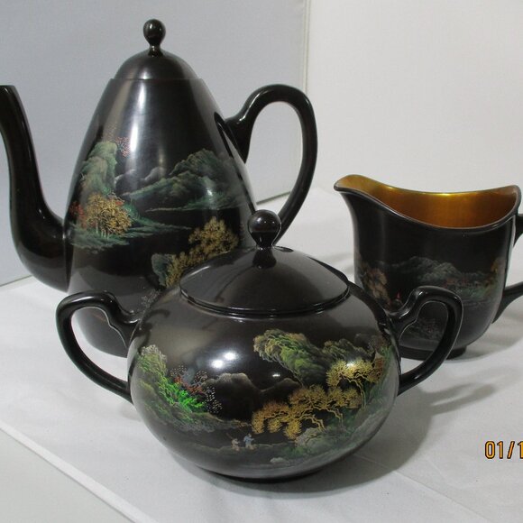 23 Piece Vintage Asian Chinese Black Lacquerware Tea Set Tray Cups Pot Oriental - Picture 11 of 16